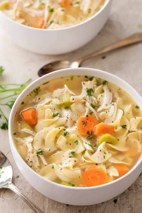 Soul-warming and hearty, this crockpot chicken noodle soup is a homemade version of the classic comfort food you grew up with! #chickennoodle #crockpotrecipe #slowcookerrecipe #chickensoup #spendwithpennies Crockpot Chicken Noodle Soup Recipes, Crockpot Chicken Noodle Soup, Chicken Noodle Soup Recipe Homemade, The Chunky Chef, Chicken Noodle Soup Crock Pot, Chunky Chef, Creamy Chicken Noodle Soup, Chicken Noodle Soup Easy, Chicken Noodle Soup Recipe