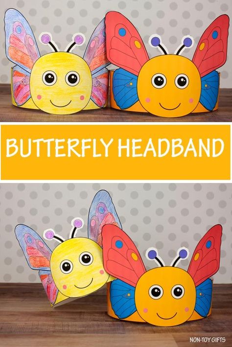 DIY butterfly headband for kids to make this spring Spring Hats For Kids, Spring Hats For Kids Diy, Black And White Template, Baby Template, Spring Flower Crafts, Recycled Toys, Butterfly Headband, Fruit Crafts, St Patricks Crafts