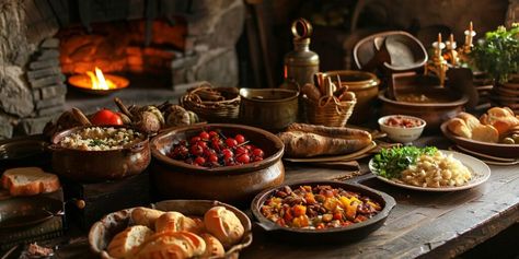 Dive into the tasty history of medieval food with fascinating facts about what people ate and how they prepared their meals.   #MedievalFood #HistoricalCuisine #FoodHistory #MedievalRecipes #CulinaryTraditions Medieval Side Dishes, Medieval Party Food, Medieval Desserts, Medieval Drinks, Medieval Foods, Medieval Dinner, Tavern Food, Ancient Food, Medieval Halloween