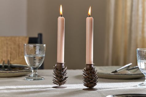 Elagalu Pine Cone Candle Stick - Rust (Set of 2) Restful Bedrooms, Pine Cone Candles, 2 Candles, Winter Woodland, Candle Sticks, Candles Holders, Comfort And Joy, Lantern Candle Holders, Traditional Crafts