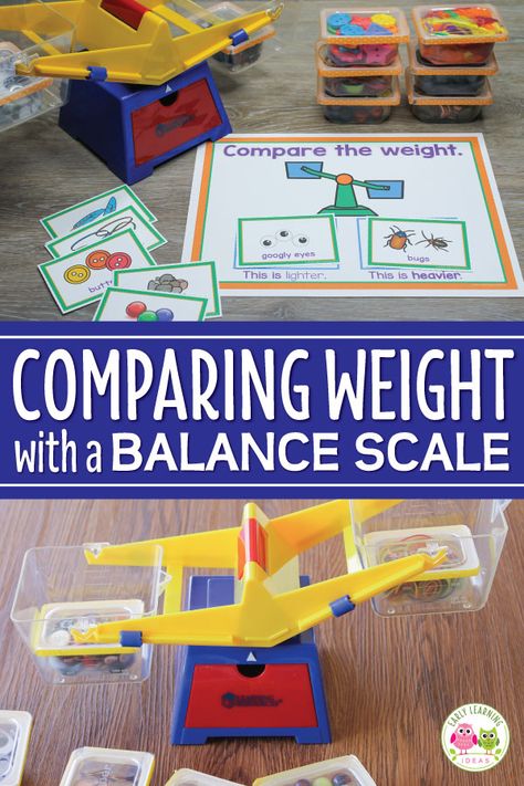 Use this fun measurement activity for kids in your math or STEM learning center. Kids weigh containers of everyday objects in a bucket balance scale. They will have fun while learning the concepts of heavy and light and also learn to sort the objects by weight. Perfect for your preschool, pre-k and kindergarten classroom. This hands-on learning center can be used for any theme or lesson plans....just use thematic materials in the containers...ideas are included.  #preschool  #STEM #STEAM Comparing Activities For Preschoolers, Measuring Kindergarten Activities, Comparing Weight Preschool, Measurement Lesson Plan Preschool, Kindergarten Weight Activities, Comparison Activities Preschool, Preschool Measurement Activities Free Printables, Measuring Activities For Kindergarten, Tk Center Ideas