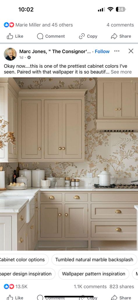 Cabinets With Wallpaper, Kitchen Cabinets With Gold Hardware, Cabinets With Gold Hardware, Marble Kitchen Countertops, Pink Kitchen Cabinets, Wallpaper For Kitchen Cabinets, Paper Walls, Cream Kitchen Cabinets, Tile Countertops Kitchen