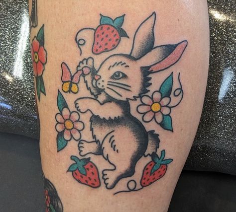 Bunny Trad Tattoo, Rabbit Tattoo Color, Vintage Bunny Tattoo, American Traditional Bunny Tattoo, American Traditional Bunny, Traditional Bunny Tattoo, Jack Rabbit Tattoo, Traditional Tattoo Rabbit, Traditional Rabbit Tattoo