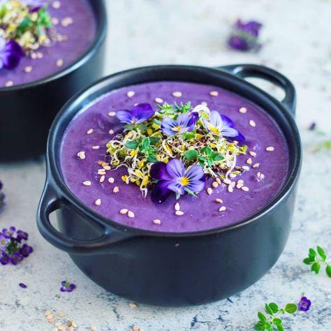 Purple Sweet Potato, Soup Appetizers, Purple Food, Purple Sweet Potatoes, Cashew Cream, Sweet Potato Soup, Cream Soup, Dinner Appetizers, Vegan Soup