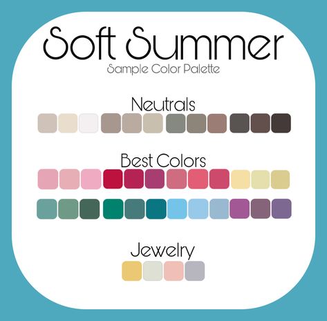 Sample palette for Soft Summer. Soft Summer Fashion, Light Spring Palette, Color Analysis Summer, Summer Skin Tone, Soft Summer Palette, Soft Summer Color Palette, Flamboyant Natural, Soft Summer Colors, Winter Color Palette