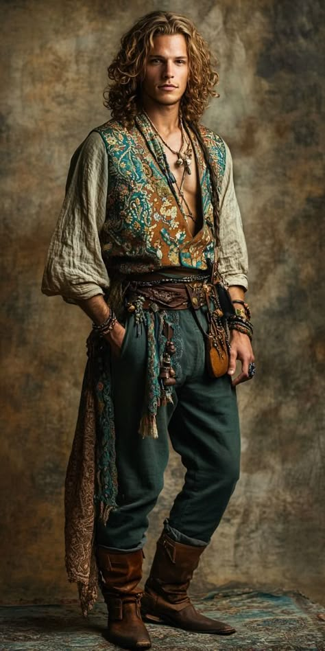 Solarpunk Aesthetic Fashion Men, Male Bohemian Fashion, Bohemian Aesthetic Men, Bohemian Man Outfit, Island Aesthetic Outfit, Bohieman Style Clothes For Men, Pirate Outfit Men, Bohemian Male Outfit, Ren Faire Outfits Men