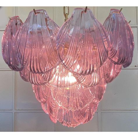 Fantastic pair of chandeliers with pink glasses, gold painted metal frame. It has 36 shell glass. The glasses are very high quality, the photos do not do the beauty, luster of these glasses. Period: Late 20th century. Light bulbs: 7 light bulb.  E 27. Dimension (not included in the sale). Condition: Perfect vintage condition and fully working; the glasses are perfect and the chrome has wear consisting in age and use. Up to 250V (Europe/UK Standard).The wiring of this item may be original and mig 80s Home Interior Design, Octopus Chandelier, Pink House Interior, Ethereal Decor, 80s Interior Design, Beach House Lighting, Pink Chandelier, 80s Interior, Shell Chandelier