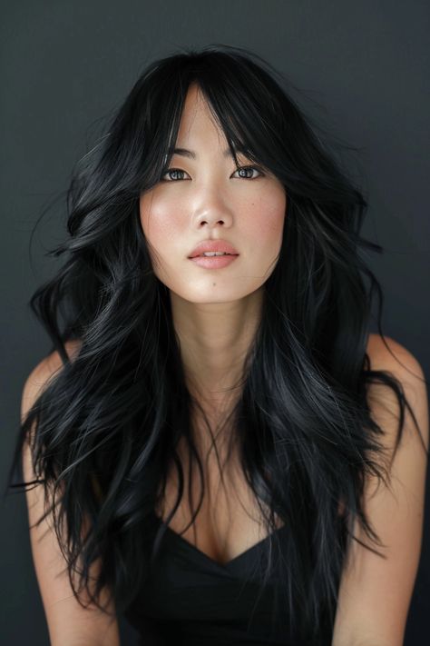 29 Long Layered Hair With Curtain Bangs Styles That Turn Heads Long Parted Bangs, Middle Part Curtain Bangs Long Hair, Middle Part Long Layers, Curtain Bangs Middle Part, Black Hair Curtain Bangs, Middle Part Curtain Bangs, Layered Hair With Curtain Bangs, Brunette Haircut, Middle Part Bangs