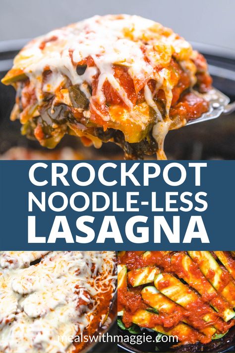 This crockpot vegetarian lasagna is noodle-less, low carb and filled with fiber! It's made in the slow cooker for easy prep and clean up! #crockpotlasagna #vegetarianlasagna #nonoodlelasagna Crockpot Zucchini Lasagna, Crockpot Vegetable Lasagna, Carb Free Pasta, Crockpot Vegetarian, Lasagna Vegetarian, Low Calorie Pasta, Crock Pot Lasagna Recipe, Crockpot Lasagna, Slow Cooker Lasagna