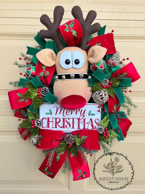 Rudolph Reindeer Christmas Wreath Holiday Door Decor - Etsy Reindeer Wreath, House Wreath, Rudolph Reindeer, Gingerbread Christmas Decor, Artificial Greenery, Creative Box, Holiday Door, Large Wreath, Green Wreath