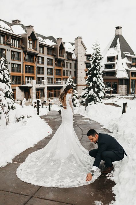 Princess Winter Wedding Dress, Winter Bride And Groom, Tahoe Winter Wedding, Lake Tahoe Wedding Winter, Winter Wedding Snow, Lake Tahoe Winter, Tahoe Winter, Hamilton Wedding, Bride Reception Dresses