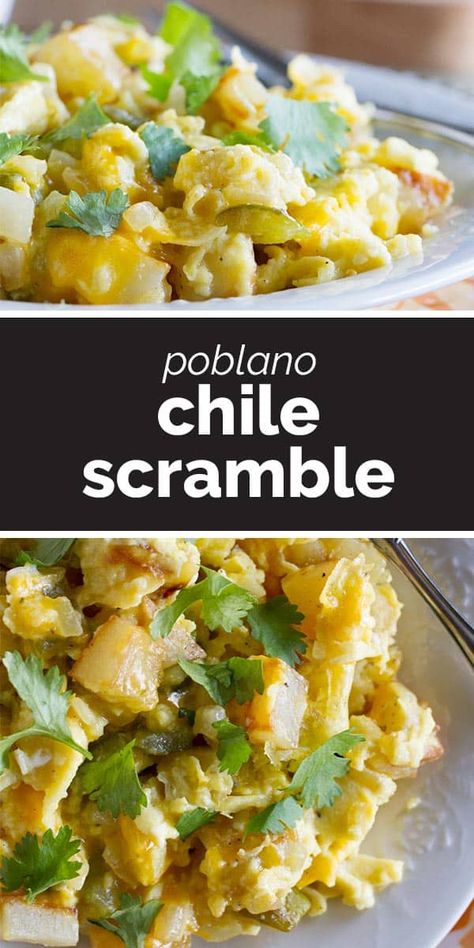 The perfect breakfast for dinner recipe, this Poblano Chile Scramble has eggs and potatoes cooked with freshly roasted chiles. A great taste of the southwest! Breakfast Poblano Peppers, Poblano Pepper Breakfast Recipes, Poblano Eggs, Chile Poblano Recipes, Poblano Breakfast, Poblano Recipes, Eggs And Potatoes, Poblano Peppers Recipes, Great Dinner Ideas