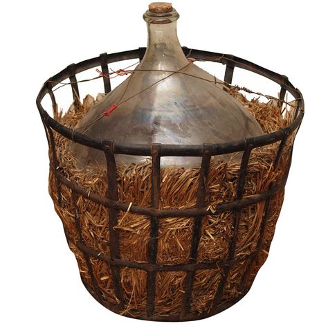 FRENCH WINE JUG WITH IRON STORAGE CAGE Wire Basket Decor Ideas, Wire Basket Decor, Basket Decor Ideas, Storage Cage, Wine Basket, Wine Jug, Iron Storage, St Clement, Iron Lanterns