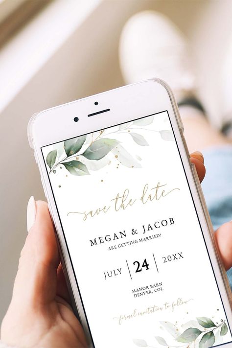 Save The Date Text, Greenery Wedding Theme, Save The Date Online, Digital Save The Date, Electronic Save The Date, Phone Template, Modern Save The Dates, Save The Date Template, Wedding Crafts Diy