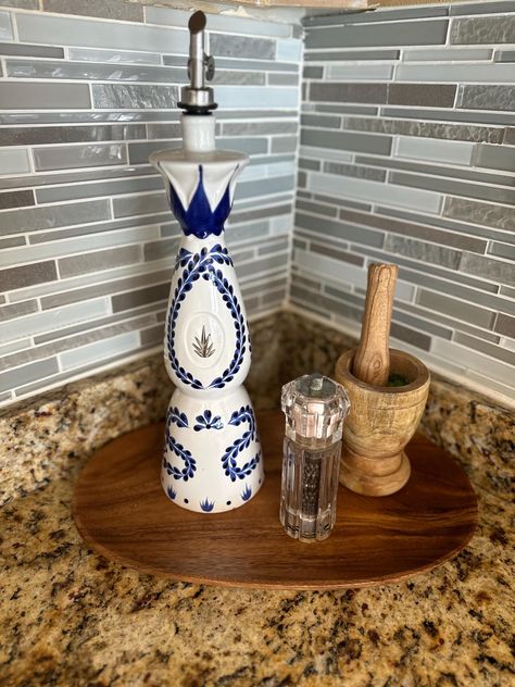 Repurposed hand painted Clase Azul "Blue Class" tequila bottle 750 ml oil dispenser Clase Azul Bottle Ideas, Mexican History, Tequila Bottle, Tequila Bottles, Mexican Home Decor, Mexican Home, Bottle Decor, Oil Dispenser, Bottle Painting