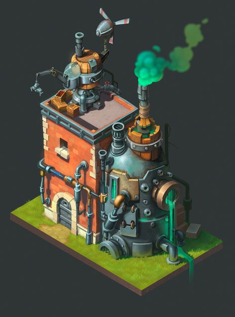 Steampunk Building, Material Reference, Minecraft Steampunk, Steampunk City, Steampunk House, House Cartoon, Props Concept, Industrial Building, Cartoon House