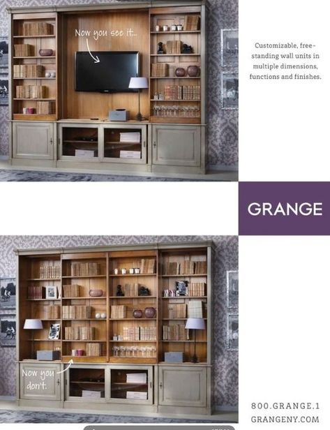 Love this hidden TV idea from Grange Furniture. think width is roughly 153", height is 78", depth is 14": Twin Size Murphy Bed, Tv Hidden, Hidden Tv Cabinet, Hidden Tv, Casa Country, Trendy Living Rooms, Living Room Tv Wall, Traditional Living Room, Living Room Diy