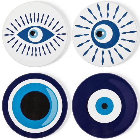 PRICES MAY VARY. Beautiful Evil Eye Coaster Set: there are 4 pieces of evil eye absorbent ceramic coasters for drinks, special and exquisite, enough quantity and capacity for you to use or place in daily life, traveling, camping, picnics, BBQ or other activities, which will be the garnish of your cup Suitable Size: each evil eye cup mat measures about 4 inches/ 10.3 cm in diameter and about 0.28 inches/ 0.7 cm in thickness, appropriate dimension to fit various areas at your home, and it will not Evil Eye Coasters, Evil Eye Pattern, Evil Eye Decor, Blue Coasters, Table Decor Kitchen, Kevin Lee, Home Table Decor, Painted Ceramic Plates, Coffee Home