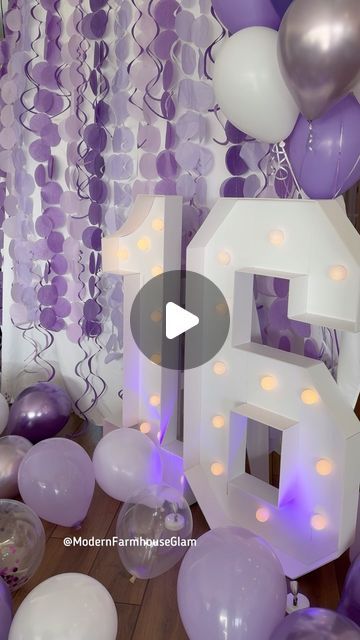 Modern Farmhouse Glam | Amy Long on Instagram: "🎂🥳 Comment PARTY and I’ll dm you with all the supplies I used to make my photo backdrop for my daughter’s Sweet 1️⃣6️⃣ Birthday Party! 

🎉My daughter loved her Sweet Sixteen Party on Friday night and she got the cutest pics with all her friends in front of this photo backdrop! The giant 4ft light-up 16 numbers were totally worth it and I added some purple spotlights to create some more ambience.  The spotlights also have other color options, so you can use them for other birthday or party color themes. 

🎈Having LOTS of balloons floating around on the floor is an easy and inexpensive decoration to make your party festive and fun.  We had a TON of different shades of purple and white and clear with confetti balloons all over the house.  I Balloon Backdrop Purple, Purple Themed Birthday Party Ideas, Sweet 16 Photo Backdrop Ideas, Light Purple Birthday Party Ideas, Purple Decorations Party Birthday, Party Color Themes, Purple Backdrop Birthday, Sweet 16 Party Ideas Purple, Purple Sweet 16 Decorations