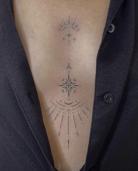 Handpoke Tattoo, Muster Tattoos, Chest Tattoos For Women, Sternum Tattoo, Dainty Tattoos, Spine Tattoos, Subtle Tattoos, Elegant Tattoos, 문신 디자인