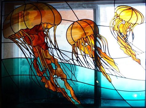 Stained Glass Ghost, Painting On Glass Windows, Glass Jellyfish, Glass Art Design, Jelly Fish, Glass Fish, Stained Glass Designs, Faux Stained Glass, Window Art