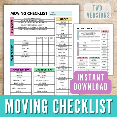 Packing To Move Checklist, Overnight Bag Packing List, Moving Checklist Things To Do, Relocation Checklist, Moving To Do List, Moving Checklist Printable, 2 Color Schemes, Moving Binder, Prepare To Move