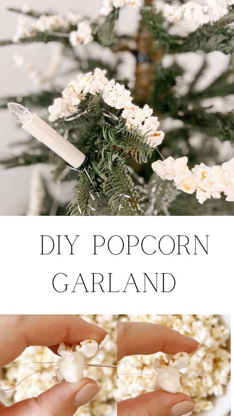 Stringing Popcorn For Christmas Tree, Popcorn On Christmas Tree, String Popcorn Christmas Tree, Popcorn Tree Garland, Christmas Tree Popcorn Garland, How To Make Popcorn Garland, Homemade Tree Garland, Popcorn Garland Christmas Tree, Popcorn Christmas Tree Garland