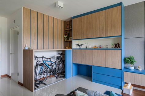 5 Practical, Clutter-Free Ways to Store Your Bicycle at Home Bicycle Storage Ideas, Bike Storage Design, Bike Storage Room, Singapore Interior Design, Singapore Interior, Home Office Cabinets, Study Room Design, Interior Design Singapore, Living Room Renovation