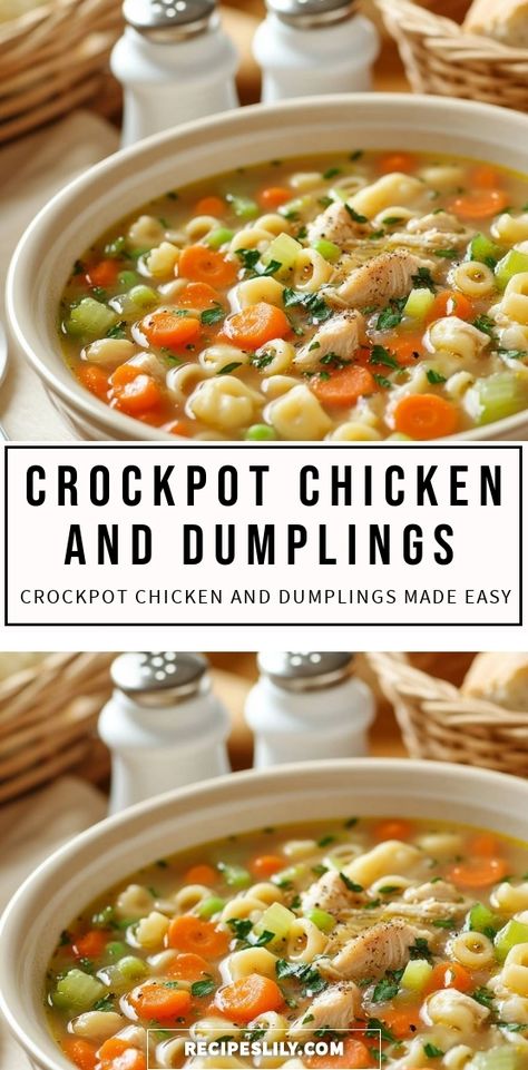 I love coming home to the delicious aroma of my Crockpot Chicken and Dumplings! This hearty dish is packed with tender chicken, colorful veggies, and fluffy dumplings, making it the perfect meal for cozy nights in. It’s easy to prepare and even easier to enjoy—just set it and forget it! Instant Pot Chicken Stew And Dumplings, Chicken And Dumpling Soup Crockpot, Crockpot Chicken And Dumplings Easy, Chicken And Dumplings Recipe Easy, Chicken Dumplings Crockpot, Chicken Stew And Dumplings, Dumplings Easy, Fluffy Dumplings, Chicken And Dumplings Recipe