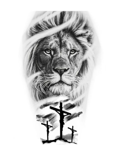 Lion Cross Tattoo Design, Lion And Cross Tattoo, Jesus Lion Tattoo, Lion Face Tattoo, Lion Leg Tattoo, Lions Tattoo, Lion Arm Tattoo, Roaring Lion Tattoo, Jesus Tattoo Design