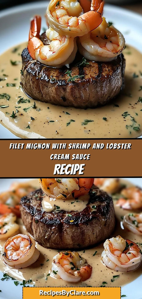 Ingredients:

4 filet mignon steaks (6-8 oz each)
2 tbsp olive oil
1/2 cup lobster meat, chopped
1/2 cup shrimp, peeled and deveined
1 cup heavy cream
Succulent filet mignon topped with a rich shrimp and lobster cream sauce—a truly indulgent and elegant dish, perfect for special occasions. Lobster Cream Sauce For Steak, Filet Mignon With Shrimp And Lobster Cream Sauce, Lobster Sauce For Steak, Shrimp Sauce For Steak, Steak And Lobster Dinner, Filet Mignon Sauce, Lobster Cream Sauce, Sauteed Steak, Lobster Sauce