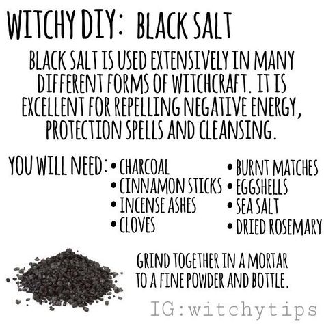 I  black salt! And of course you can mix up the ingredients to suit your needs! Why buy it when you can make it? It's used in a lot of banishing, hex-breaking and jinxing spells! Witchcraft Spells For Beginners, Wiccan Magic, Witch Spirituality, Under Your Spell, Wiccan Witch, Magick Spells, Black Salt, Witch Diy, Eclectic Witch