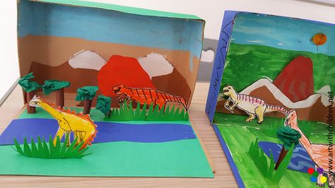 Art with Children: PREHISTORIC LANDSCAPE IN A CEREAL BOX Dinosaur School Project, Dinosaur Diorama, Prehistoric Landscape, Dinosaur Land, Dinosaur Projects, Dinosaur Park, Prehistoric Dinosaurs, School Creative, Scene Kids