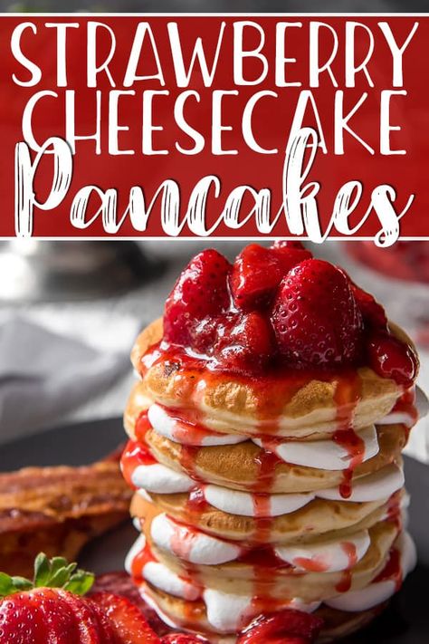 Why not have breakfast and dessert on one plate with a batch of these Strawberry Cheesecake Pancakes! Fluffy cream cheese-stuffed pancakes, whipped cream, and homemade strawberry sauce - they totally blow any restaurant version out of the water with their decadence! Strawberry Cheesecake Crepes, Cheesecake Stuffed Pancakes Recipe, Ihop Cheesecake Pancakes, Breakfast Recipes Restaurant, Strawberries And Cream Pancakes, Cracker Barrel Strawberry Cheesecake Pancakes, Cracker Barrel Stuffed Cheesecake Pancakes, Cheesecake Filling For Pancakes, Strawberry Cheesecake Pancakes Easy