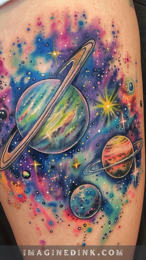 Immerse yourself in a cosmic tattoo masterpiece, where vibrant planets and swirling nebulas bring the vast beauty of the universe to life. This intricate design captures celestial wonder with vivid colors and stunning details, perfect for space lovers. Solar System Tattoo Color, Galaxy Tattoo Ideas, Watercolor Galaxy Tattoo, Galaxy Tattoo Sleeve, Cosmic Tattoo, Solar System Tattoo, Detailed World Map, Planet Tattoos, Jellyfish Tattoo