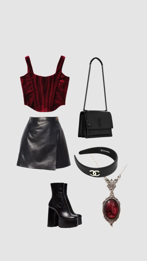 #outfitinspo Skz Concert Outfit Ideas Ate, Red Top Black Skirt, Fashion Magazine Aesthetic, Dark Feminine Outfits, Style Inspiration Trendy, Dark Feminine Style, Scorpio Fashion, Skirt Chanel, Beret Outfit