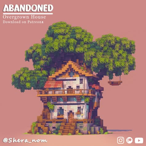 Hey there! here is a cozy abandoned house in overgrown theme! Support my work and get downloads on Patreon :) Minecraft Abandoned Village, Minecraft Overgrown House, Minecraft Overgrown Builds, Overgrown Minecraft Builds, Tree House Minecraft, Minecraft Overgrown, Room For Plants, Minecraft Ideas To Build, Minecraft Base Ideas