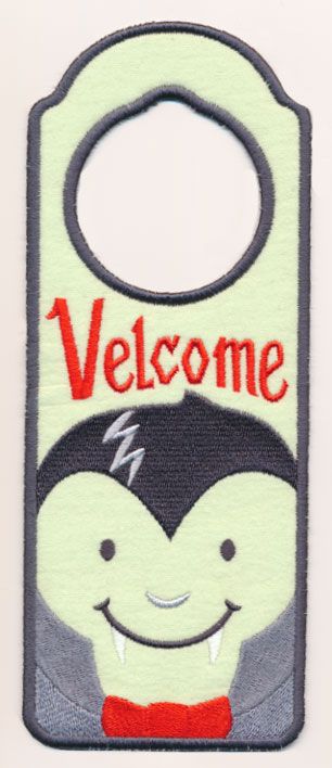 Velcome Vampire Door Hanger (In-the-Hoop) Halloween Creatures, Embroidery Library, Holidays Halloween, Door Hanger, Door Hangers, Machine Embroidery, Gift Card, Mario Characters, Embroidery