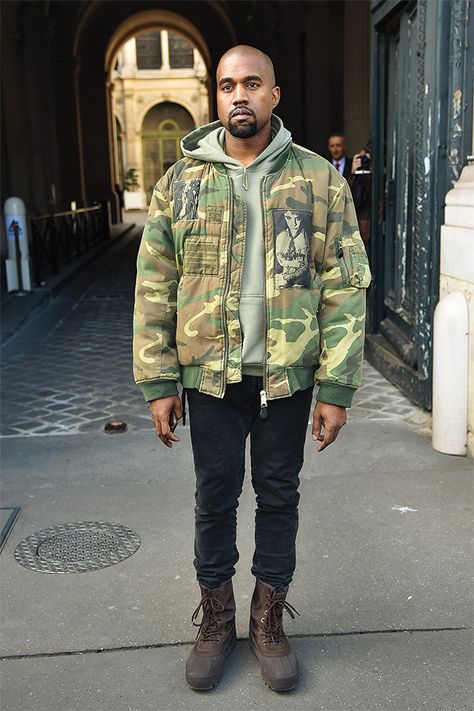 Kanye West Outfits, Kanye Fashion, Kanye West Style, Mens Fashion Rugged, Camo Jacket, Famous Men, Street Wear Urban, Mens Streetwear, Mens Street Style