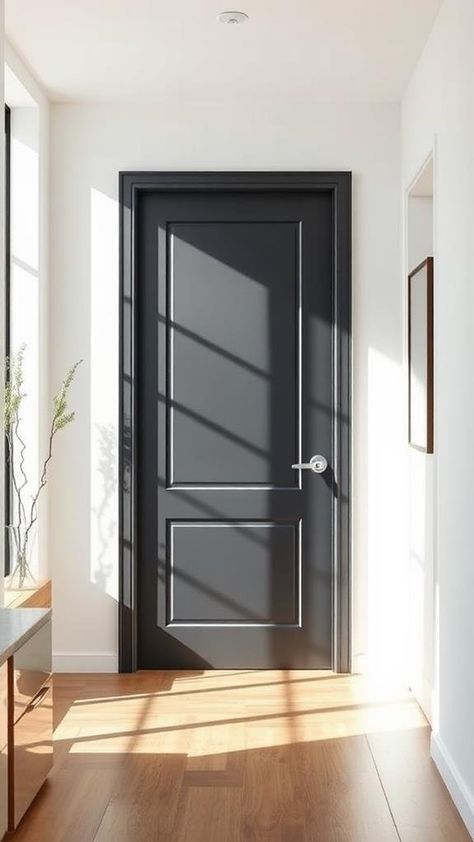 10 Trending Interior Door Colors for Modern Homes Interior Black Painted Doors, Room Doors Color, Cream Walls White Trim Black Doors, Doors Interior Color Ideas, White Walls And Black Doors, Black Interior Doors White Walls, Interior Doors And Hardware, Dark Doors With Dark Trim, Matte Black Doors Interior