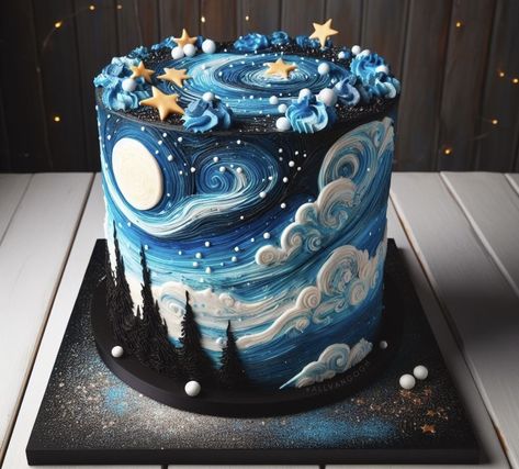 Starry Night Cakes, Starry Night Birthday Cake, Gothic Baking, Van Gogh Cake, Starry Night Birthday, Starry Night Cake, Gogh Cake, Chocolate Birthday Cake Decoration, Gothic Birthday Cakes