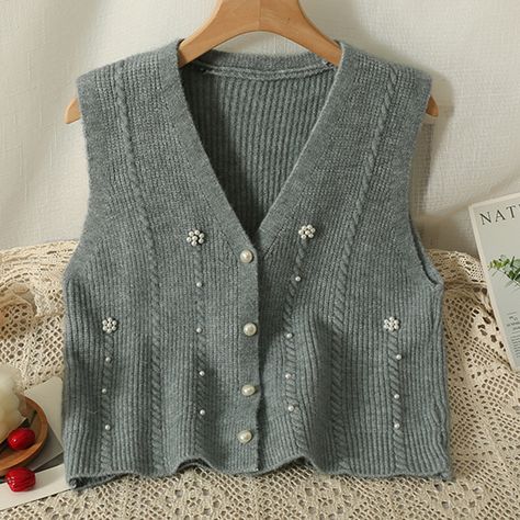 HELIAR Women Pearl Buttons Up Cardigan Knitted Vest V-Neck Sleeveless Casual Sweater Vest Female Sleeveless Sweater Cardigan, College Outfits Women, Cardigan Knitted, Knitted Vest, Sweater Vest Women, Casual Sweater, Women Sleeve, Outfits Women, Casual Sweaters