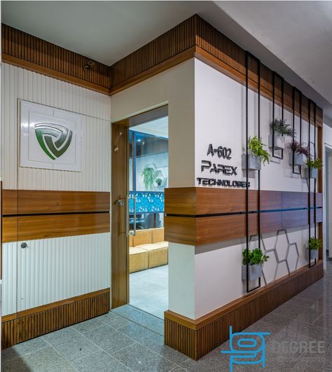 Parex Office | 9 Degree Design Studio | Ahmedabad - Interiorlover Architect Office Interior, Office Exterior, Office Wall Design, Small Office Design, Main Entrance Door Design, Office Table Design, Degree Design, Brick Cladding, Office Interior Design Modern