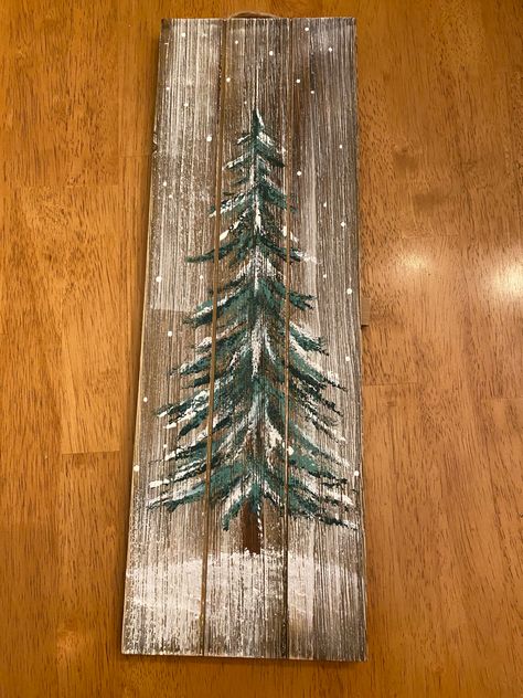 Painting Wood Christmas Trees, Painted Wood Trees, Wooden Christmas Tree Painting Ideas, Painted Trees On Wood, Painting A Christmas Tree On Wood, Christmas Board Painting, Christmas Pallet Painting, Easy Christmas Paintings On Wood, How To Paint A Christmas Tree On Wood