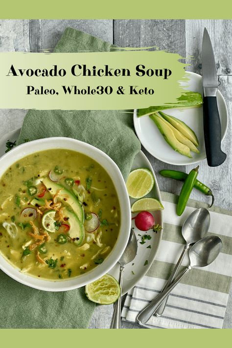 spicy chicken avocado soup ~ Back Porch Paleo Paleo Stir Fry Sauce, Paleo Chicken Soup, Soup Spicy, Roasted Poblano Peppers, Avocado Soup, Avocado Chicken, Paleo Soup, Nom Nom Paleo, Chicken Avocado