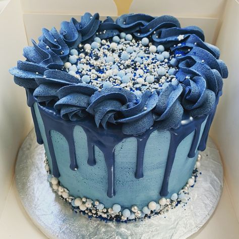 Blue And Silver Birthday Cake, Blue Drip Cake, Chef Cake, Silver Wedding Cake, 70th Birthday Cake, Drip Cakes, 70th Birthday, Silver Wedding, Blue And Silver