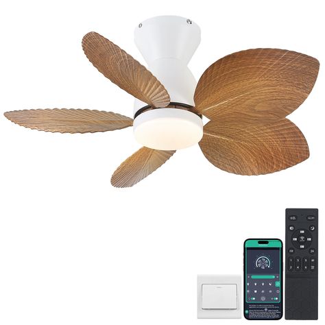 PRICES MAY VARY. Tropical Ceiling Fan - Inspired by the tropical rainforest, this 30 inch ceiling fan features distinctive palm leaf-shaped ABS blades, with intricate leaf patterns adding a touch of natural beauty. Create a unique tropical atmosphere in your space. High Airflow Ceiling Fan - The unique design of palm leaf blades, coupled with a powerful motor, generates substantial airflow, ensuring effective room ventilation and delivering an astonishing cool breeze for your comfort. Smart Ceil Boho Fan Ceiling, Ceiling Fan Bedroom Ideas, Leaf Ceiling Fan, Surfer Bedroom, Tropical Ceiling Fan, Tropical Ceiling, Boutique Restaurant, Coastal Ceiling Fan, Leaf Ceiling