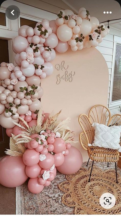 Pink And Ivory Balloon Garland, Balloon Arch For Quinceanera, Floral Theme Backdrop, Pink Boho Balloon Arch, Flower Wall With Balloon Arch, Balloon Flower Backdrop, Baptismal Backdrop Girl, Big Flowers Decorations, Pink Balloons Garland