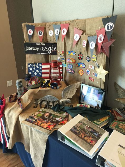 Eagle Scout Celebration Ideas, Aol Crossover Ceremony, Boyscout Badges, Eagle Scout Display Table, Eagle Scout Court Of Honor Ideas, Scout Organization, Eagle Scout Project Ideas, Eagle Court Of Honor, Eagle Scout Cake