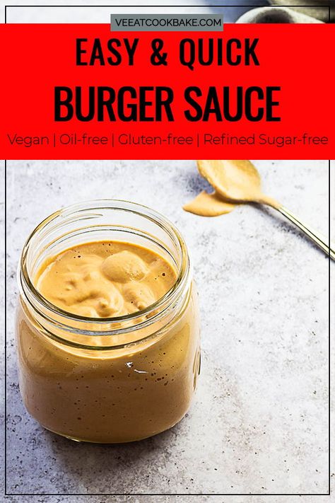 This Awesome Burger Sauce made vegan adds that classic, all-American flavor to your favorite burger recipe. You'll want to make extra to serve alongside as a dipping sauce! This sauce is oil-free, egg-free, dairy-free, sugar-free, gluten-free, wfpb (whole food plant-based) #burgersauce #veganburgers #frysauce #summerrecipes #grilling #bbqrecipes #dippingsauce #vegancondiment Vegan Burger Sauce, Best Vegan Burger, Burger Sauces Recipe, Vegan Burger Recipe, Vegan Dip, Homemade Burgers, Burger Sauce, Vegan Burger, Vegan Sauces